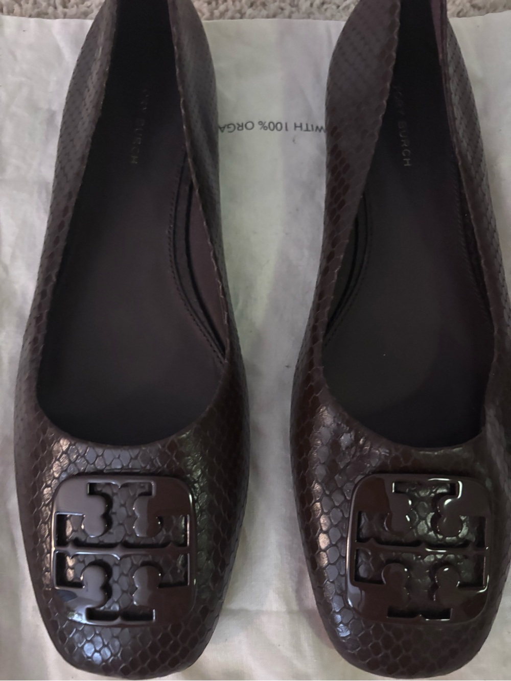 Tory Burch Dark Brown Snake-Embossed Logo Ballet Flats